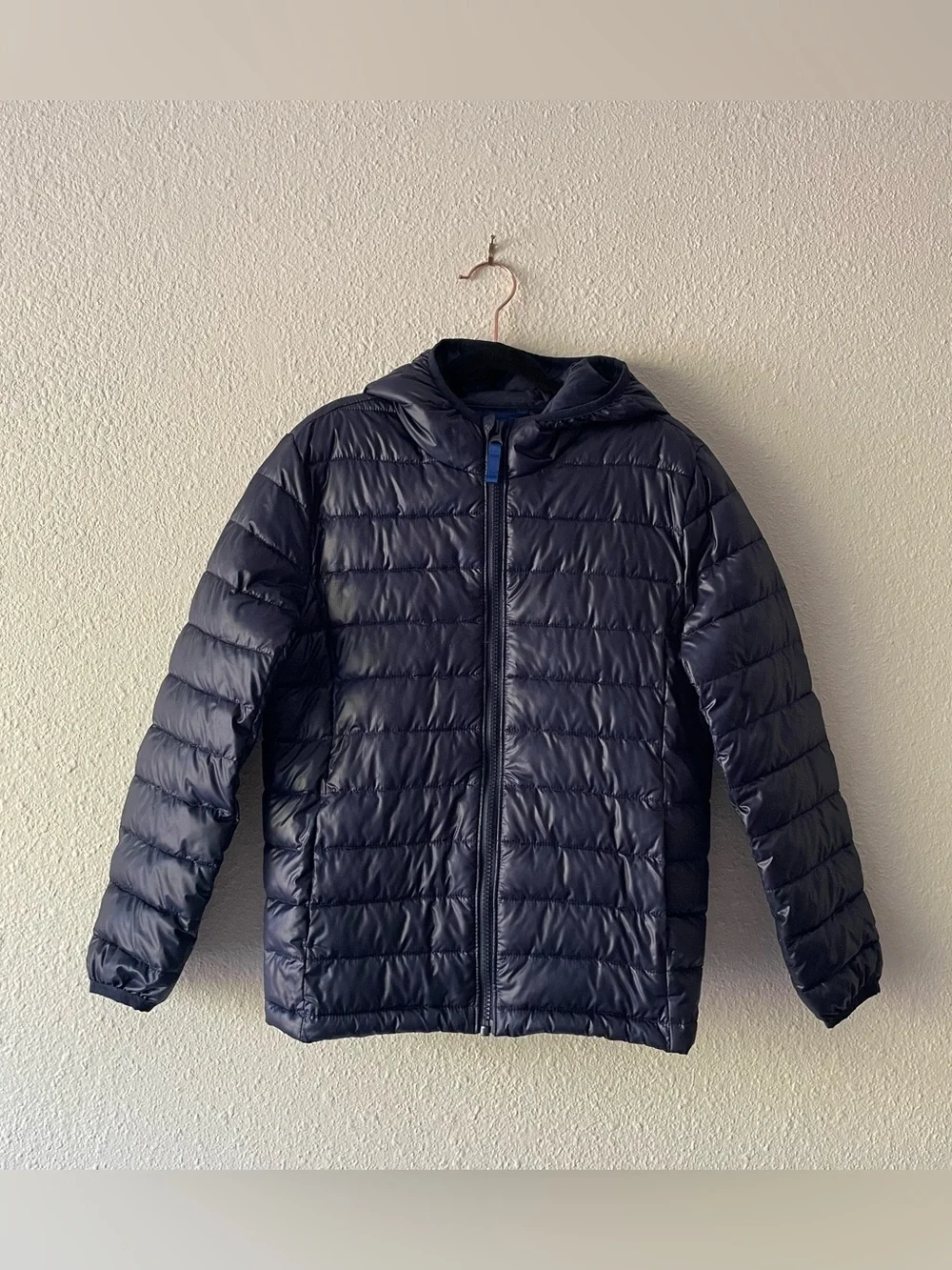 Primary Kids Size 10 Navy Blue Hooded Puffer Jacket Lightweight Packable Coat